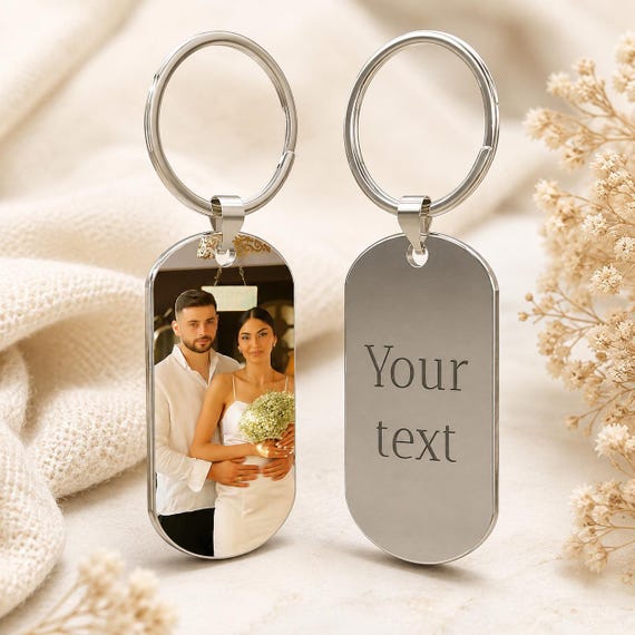 Custom Photo & Text Engraved Keychain – 4 Colors
