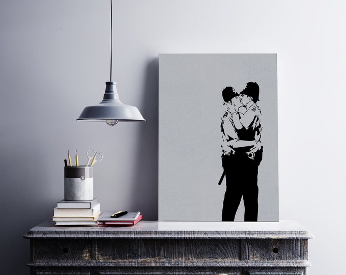 Banksy Kissing Coppers Canvas wall art print on canvas Picture for Home Office DecorFather's Day