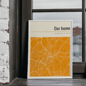 Impression de carte et cadres personnalisés | où nous nous sommes rencontrés pour la première fois, là où tout a commencé | Cadeau personnalisé Lieu Maison Anniversaire de mariage orange