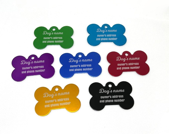Small dog bone medal in coloured aluminium, laser engraved inscription, available in three sizes and 10 colours dog tag, cat tag, pets tag