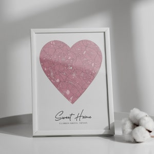 Benutzerdefinierte Karte Print & Rahmen | Wo wir uns zum ersten Mal trafen, wo alles begann | Personalisierte Geschenk Lage Haus Hochzeitstag - hellrosa Herz