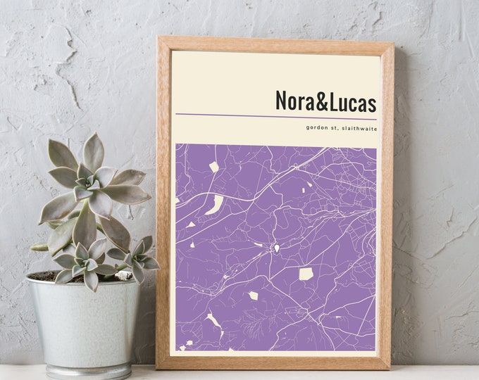 Custom Map Print & Frames | Where We First Met Where It All Began | Personalised Gift Location Home Wedding Anniversary purple