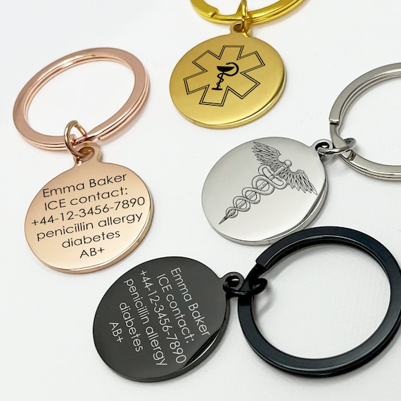 Personalized Medical ID Keychain, Custom Engraved Medical Alert Keyring, Emergency Contact Tag, Stainless Steel ID Keychain, Safety Keychain