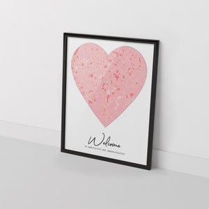 Impression de carte et cadres personnalisés | où nous nous sommes rencontrés pour la première fois, là où tout a commencé | Cadeau Personnalisé Lieu Maison Anniversaire de mariage coeur rose