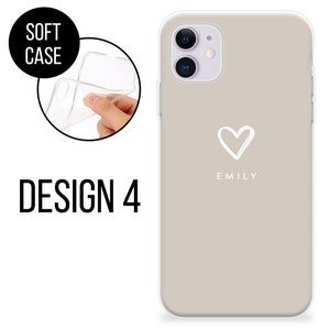 May include: A soft phone case in Design 4, with a light beige background. The case features a white heart design and the name "EMILY" in a simple font. The words "SOFT CASE" are in a black circle, and "DESIGN 4" is written in bold black letters.