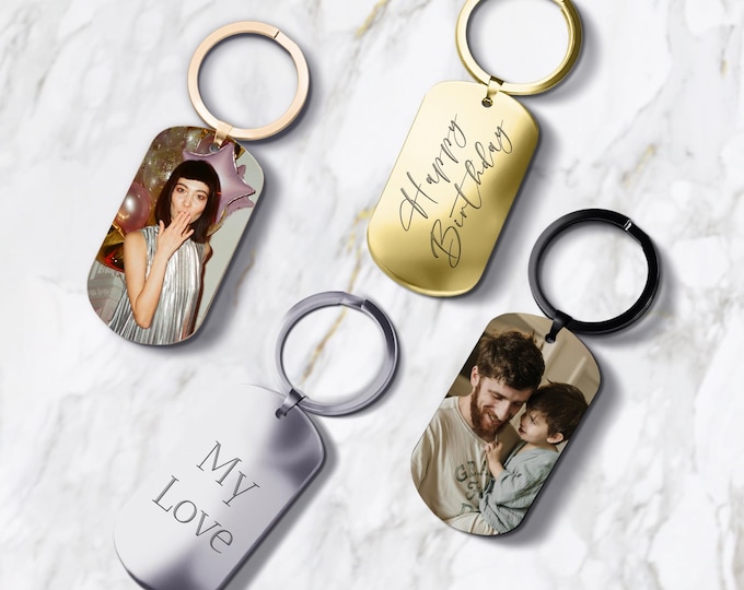 Custom Photo & Text Engraved Keychain – 4 Colors