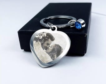 Personalized Photo Engraved Heart Keychain: Custom Text, Blue Gem