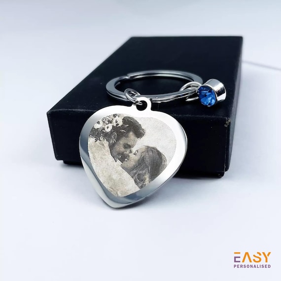 Personalized Photo Engraved Heart Keychain: Custom Text, Blue Gem