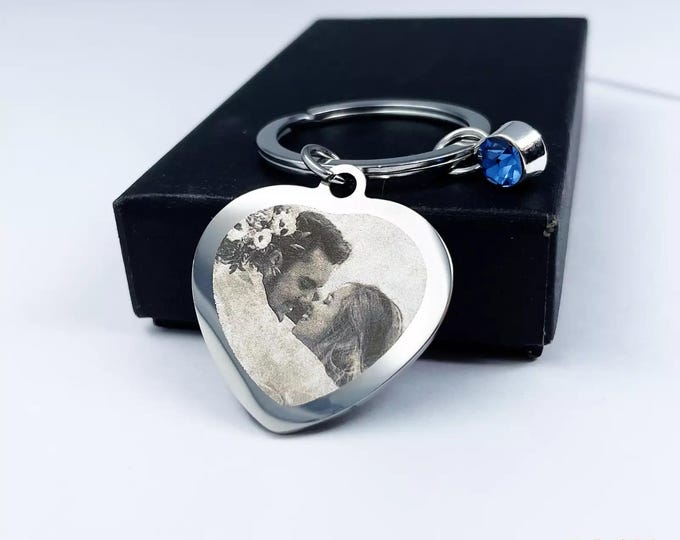 Personalized Heart-Shaped Metal Keychain with Photo Engraving, Custom Text on Back, Blue Gem Accent, Unique Gift, Photo in The Heart Shape