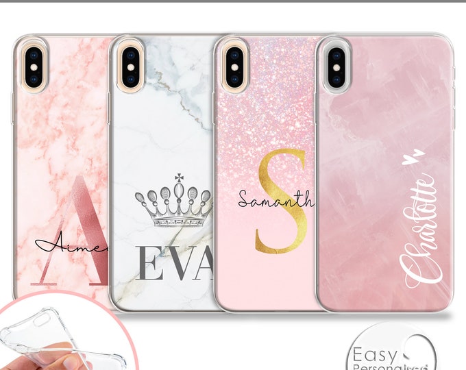 PERSONALISED phone case pink marble initials custom name soft silicone cover for apple iphone  8 X Xs max Xr 11 Pro MaxFather's Day