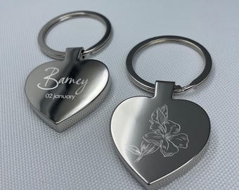 Personalised Heart-Shaped Metal Keychain with Birth Month Flower EngravingFather's Day