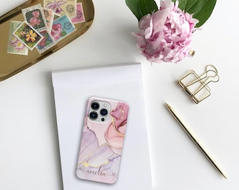 パーソナライズされた水彩画風大理石柄iPhoneケース：イニシャル入りシリコンカバー