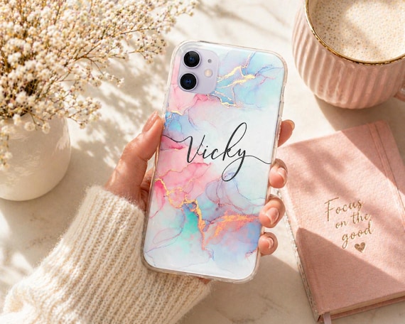 Personalized Marble iPhone Case Custom Name, Watercolor Phone Case, Aesthetic Marble Case, Custom Name Gift for Her, iPhone 16 15 14 13