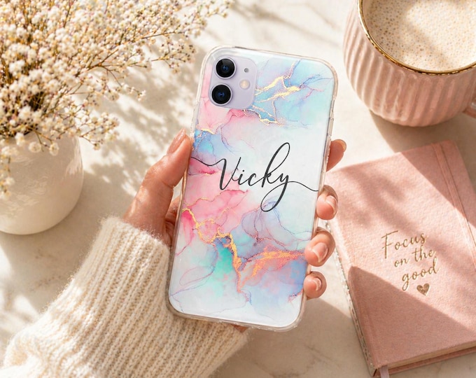 Personalized Marble iPhone Case Custom Name, Watercolor Phone Case, Aesthetic Marble Case, Custom Name Gift for Her, iPhone 16 15 14 13