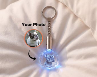 Personalized Pets Keychain, Custom LED Pet Portrait Keyring, Engraved Crystal Gift for Dog Lovers, Memorial Keepsake