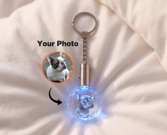 Personalized Pets Keychain, Custom LED Pet Portrait Keyring, Engraved Crystal Gift for Dog Lovers, Memorial Keepsake