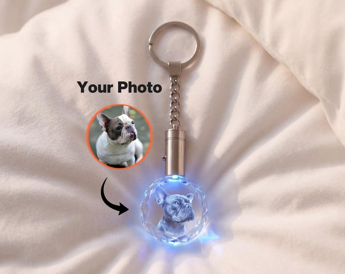 Personalized Pets Keychain, Custom LED Pet Portrait Keyring, Engraved Crystal Gift for Dog Lovers, Memorial Keepsake