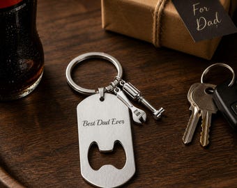 Personalized Bottle Opener Keychain, Custom Engraved Stainless Steel Keyring with Mini Tools, Dad Gift, Gift for Him