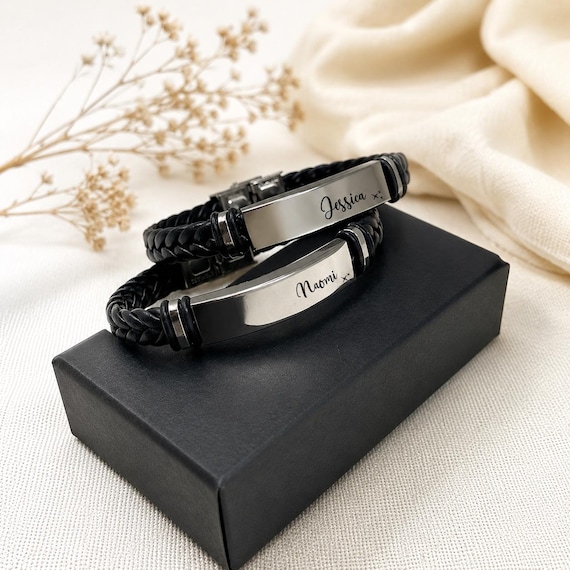 Personalized Leather Bracelet for Men, Custom Engraved Name Bracelet, Gift for Husband, Boyfriend, Dad, Anniversary Gift