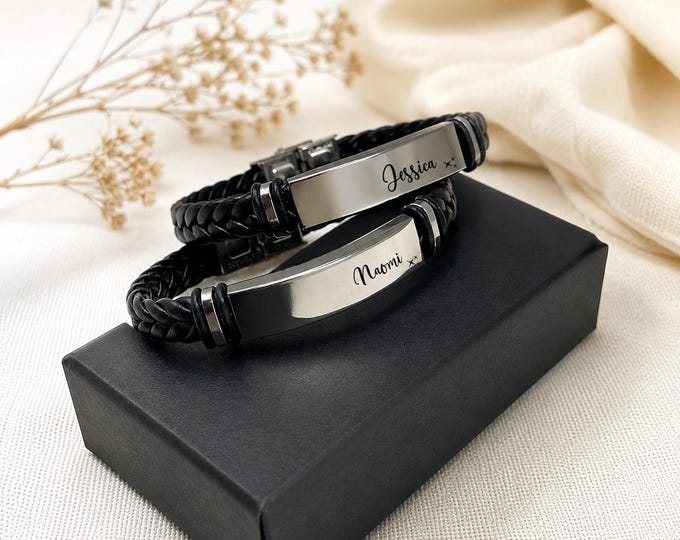 Personalized Leather Bracelet for Men, Custom Engraved Name Bracelet, Gift for Husband, Boyfriend, Dad, Anniversary Gift