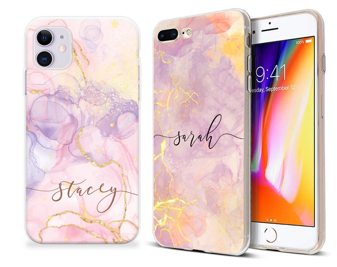 Marble Phone Case Pink Purple Blue Blush Cover Name Initials for Apple iPhone 12 11 6 7 8 X XS Max XR Pro PlusFather's Day