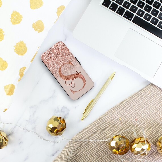Personalized Initial Flip Wallet Phone Case: Rose Gold Marble Design