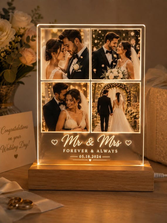 Personalized Wedding Photo Collage Lamp, Custom Acrylic Picture Frame, LED Night Light, Gift for Wife, Girlfriend, Mom