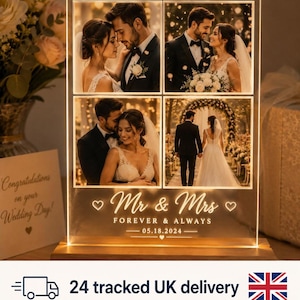 May include: A rectangular acrylic photo plaque illuminated by a wooden base, featuring four wedding photographs of a couple. The text reads Mr & Mrs, FOREVER & ALWAYS, and 05.18.2024, flanked by small heart icons, all glowing in warm light.