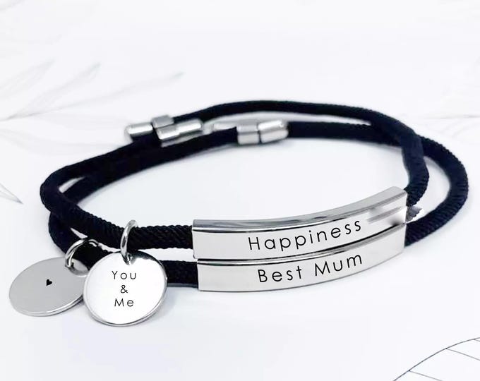 Elegant Thin Leather Bracelet with Engravable Metal Plate, Personalized Text, Custom Gift for Men or Women, Minimalist Jewelry for Birthday