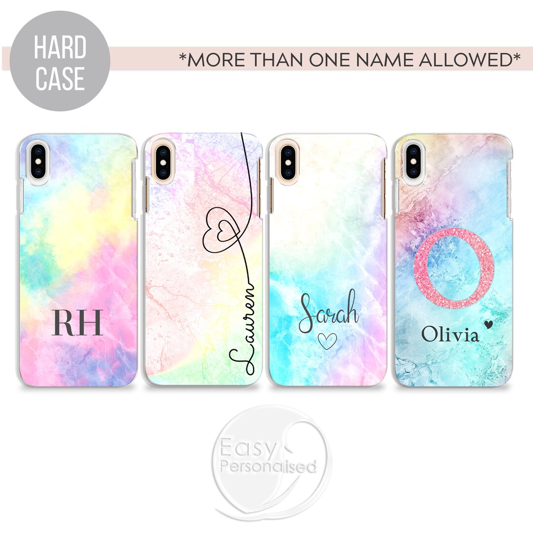 PERSONALISED Phone Case Name Initial Hard Plastic Rainbow Marbled Cover ...