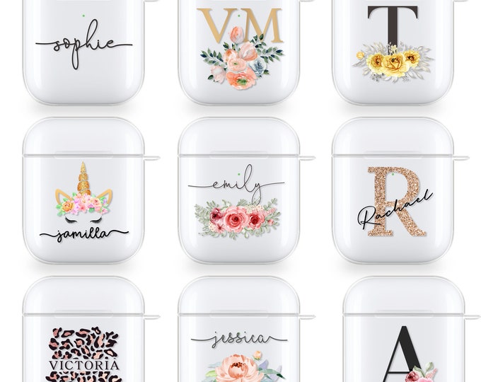PERSONALISED silicone case for Airpods 1 2 and Airpods Pro clear name initials floral leopard design for Apple earbudsFather's Day