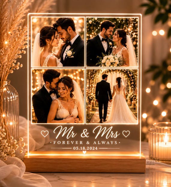 Wedding Photo Collage Night Light, Personalized Acrylic LED Lamp, Custom Couple Picture Frame, Anniversary Gift for Newlyweds