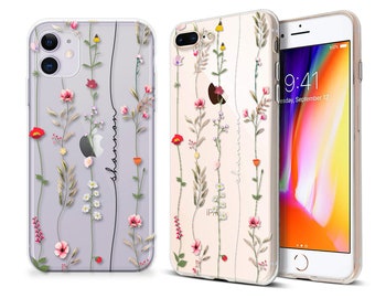 PERSONALISED phone caseiPhone 16  vertical floral initials name soft silicone cover for apple iphone 8 X Xs max Xr 11 Pro Max 12 12 PRO MAX