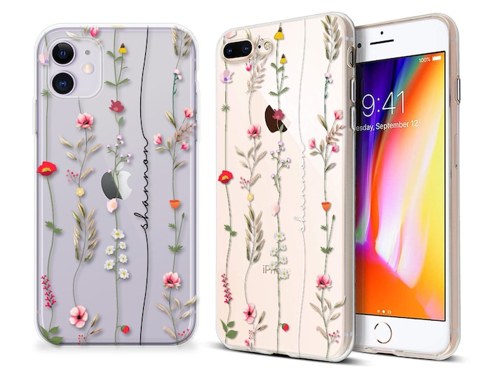 PERSONALISED phone caseiPhone 16  vertical floral initials name soft silicone cover for apple iphone 8 X Xs max Xr 11 Pro Max 12 12 PRO MAX