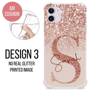 May include: A clear phone case with a rose gold glitter design and the name "Sarah" in a cursive font. The case is designed for an iPhone.