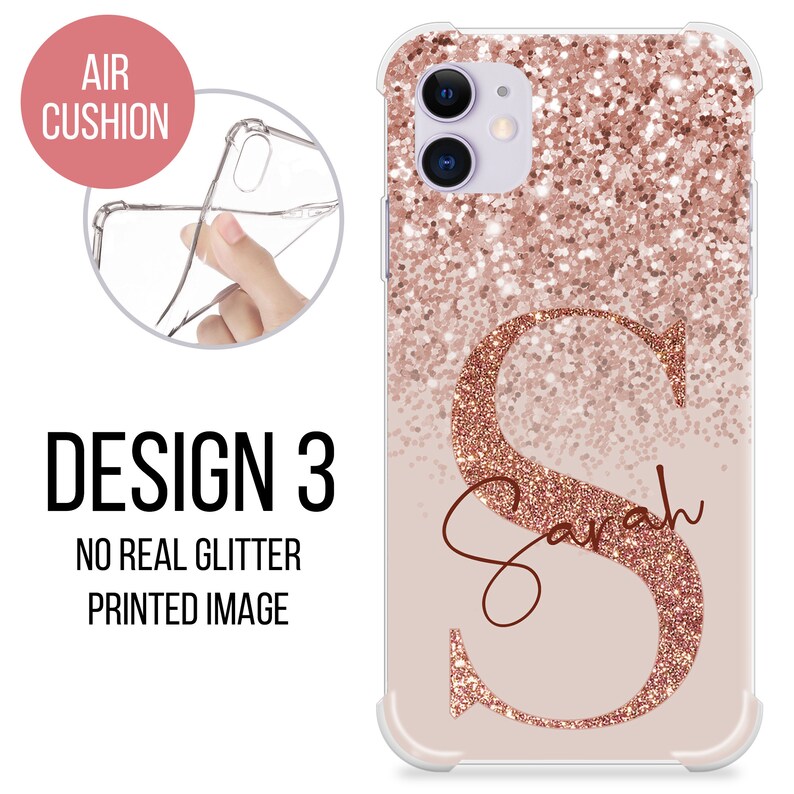 May include: A clear phone case with a rose gold glitter design and the name "Sarah" in a cursive font. The case is designed for an iPhone.