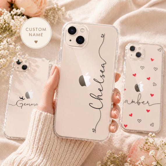 Personalized Black Hearts iPhone Case Custom Name, Cute Heart Phone Case, Aesthetic iPhone Case, Custom Gift for Her, iPhone 16 15 14