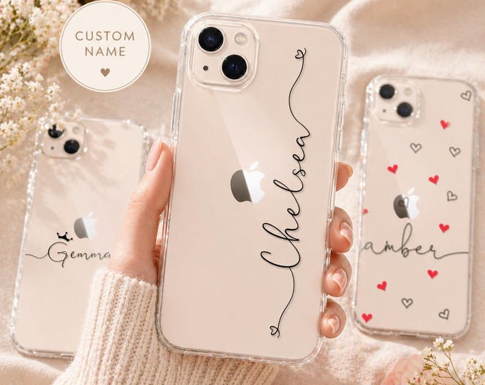 Personalized Black Hearts iPhone Case Custom Name, Cute Heart Phone Case, Aesthetic iPhone Case, Custom Gift for Her, iPhone 16 15 14