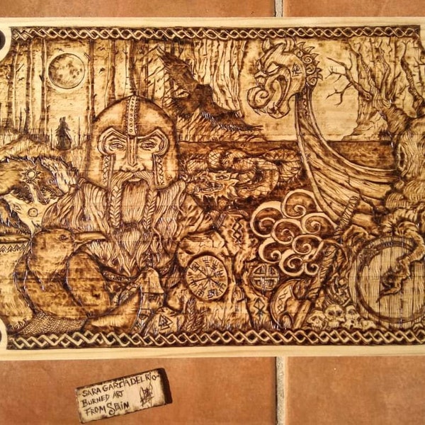 Viking pyrography wooden burned wall art