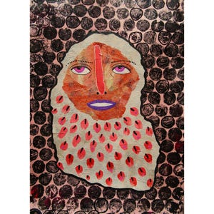 Whimsical Painting Abstract Portrait Figure Bold Colorful Yellow & Pink Outsider Wall Art