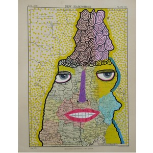 Dessin original de portrait sur une carte vintage du New Hampshire, illustration étrange d'art brut