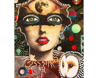 Girl With Owl Portrait Surreal Collage Mixed Media Female Small Original Celestial Artwork