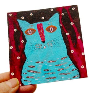 Small Blue Cat Painting Cute Quirky Miniature Mixed Media Artwork Whimsical Kitty Pet Portrait Naive Folk Art 4x4&quot;
