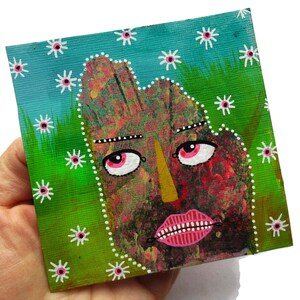 Weird Portrait Figure Painting Small Outsider Art Brut Mixed Media Artwork 4x4 Inches