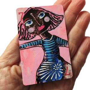 Painted Playing Card Altered Embellished Seven of Hearts Miniature Raw Art Whimsical Girl
