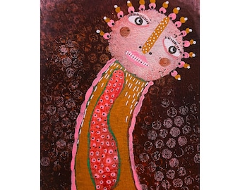 Original Outsider Art Brut Character Painting Collectible Mini Artwork (4x6 inches)
