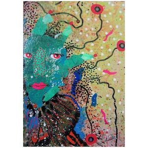 Groen schminken Outsider Art Brut surrealistisch portret, klaar gemonteerd klein kunstwerk