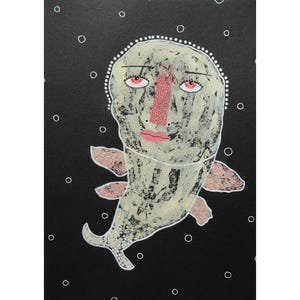 Whimsical Fish Painting Mixed Media Drawing Illustration Weird Quirky Sea Creature A4 size
