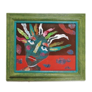 Framed Abstract Portrait Painting Colourful Raw Outsider Folk Art Brut Original Artwork