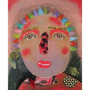 Outsider Folk Art Brut Portrait Painting On Canvas Pink Weird Face Man